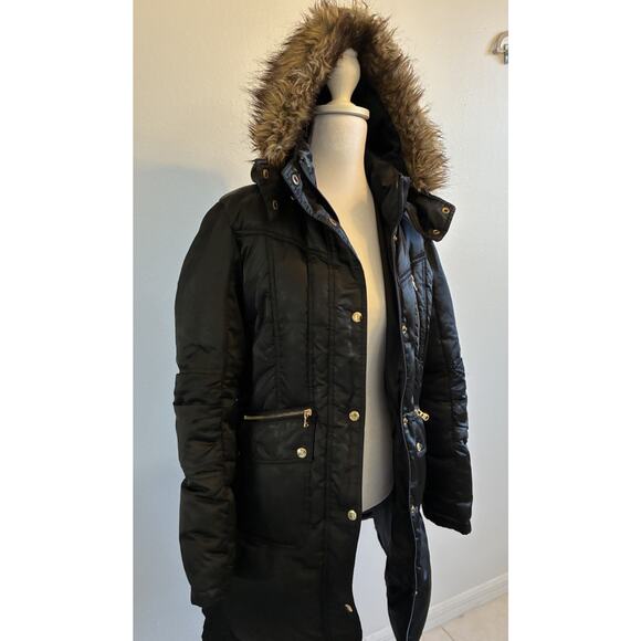 VTG Y2K Puffer Jacket Goose Down Feather Faux Fur Hood Black Silky Guess Women M - Picture 2 of 16